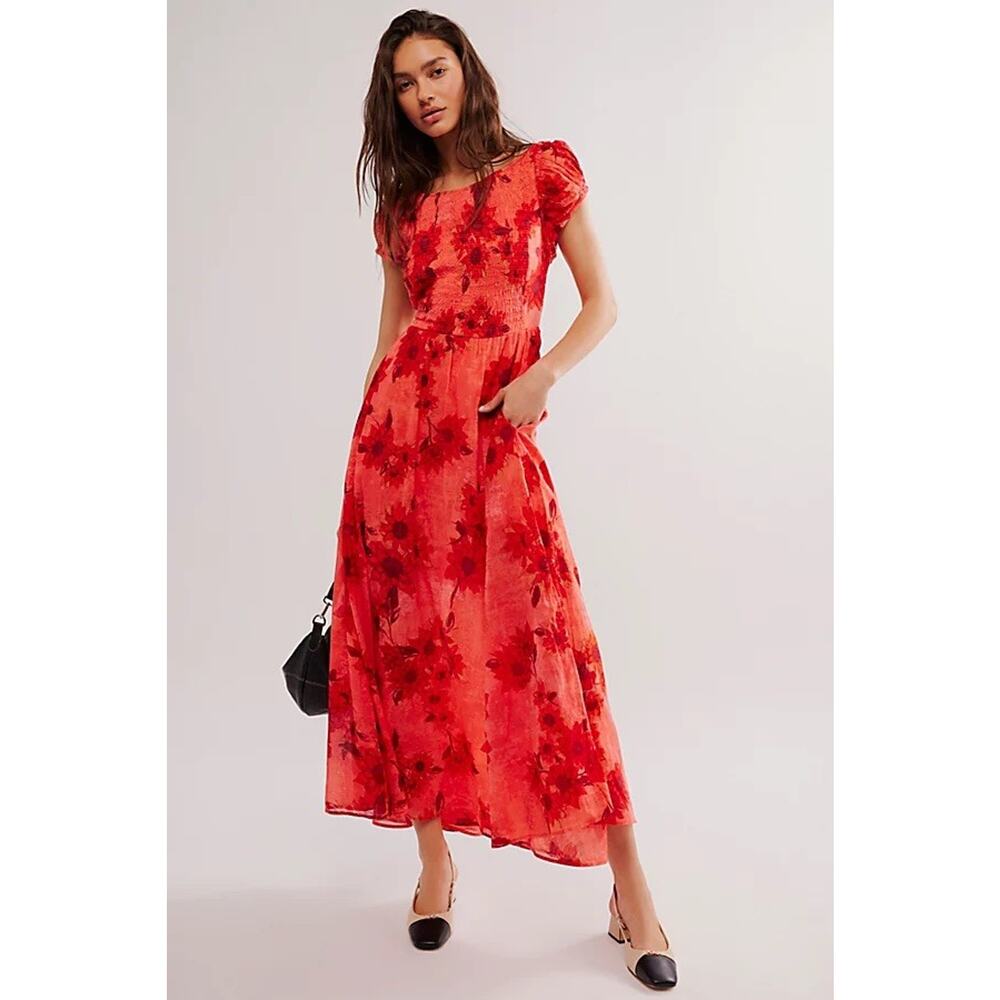 Free People Red Floral Maxi Dress with Puff Sleeves